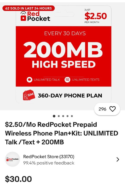 #redpocket🇺🇸红包卡ebay专属(GSMA)包年套餐回归: 