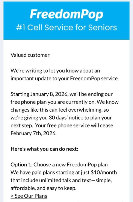FreedomPop宣布取消0月租免费计划今天，FreedomPop陆续向用户发送邮件通知，宣布所有0月租免费计划将于2026年2月7日正式终止