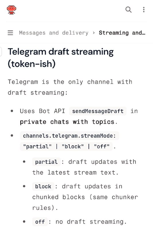 openclaw(更新到最新版)可以在仅telegram bot渠道开启「流式传输」首先需要在 @BotFather 中将bot的Treaded Mode开启即将bot切换到话题模式