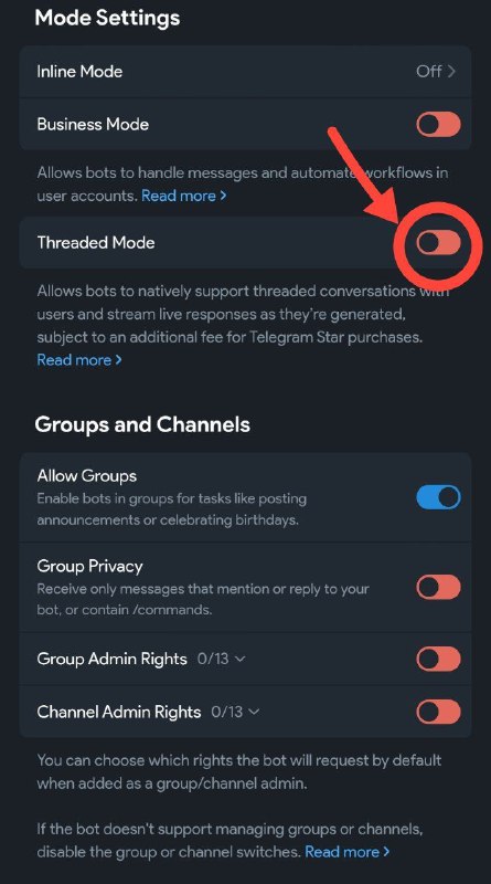 openclaw(更新到最新版)可以在仅telegram bot渠道开启「流式传输」首先需要在 @BotFather 中将bot的Treaded Mode开启即将bot切换到话题模式