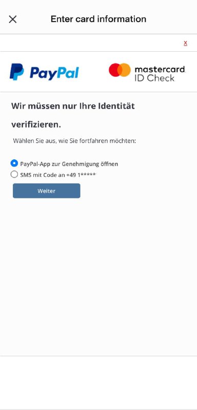 #paypal这张卡支持3ds，可选PayPal应用内授权/sms验证