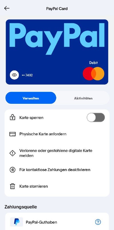 #paypal🇩🇪安卓PayPal给非接额外做了一张虚拟卡(区别于之前的GPAY专用虚拟卡，这张可以应用内可查询卡号cvv等)，并且还可以申领实体卡(4.99o)